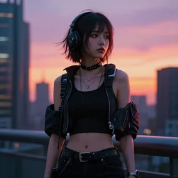 cyberpunk girl looking to the city in sunset