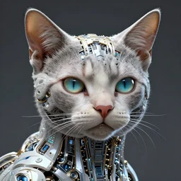 a hiper intricate portrait of beautiful cybernetic cat build by artificial inteligence almost done, insanely intricate 3 d render, hyper realistic detailed portrait, scifi, futurism, hdri light, photoreal, hyper detailed, no background, octane render, concept art, by peter mohrbacher, by wlop, by ruan jia
