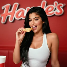 film still of kylie jenner in a hardees ad, vibrant high contrast, octane, arney freytag, cinematic, portrait, backlit, rim lighting, 8 k