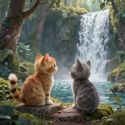 two kittens in the enchanted forest stand on the steps and watch the waterfall, fantasy, intricate, extremely detailed, face enhance, matte, featured in artstation, art by louis wain, greg rutkowski