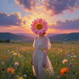 girl with a blooming flower head, surreal photography, dream, standing in flower field, magical, in a valley, sunrise dramatic light, impressionist painting, colorful clouds, artstation, simon stalenhag, flower face
