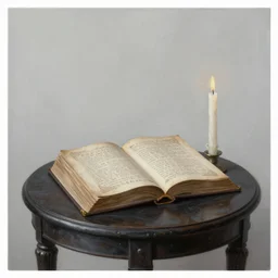 a minimalist dark fantasy painting of a single open ornate spell book on an antique table, candle light, micro details, masterpiece, dramatic lightning, very high details, multiple angles, by greg kopinsky, by greg capullo
