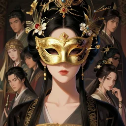 a full body portrait of a female wearing a mask, elegant, fancy dess, ornaments, highly detailed, full - color, beautiful, cinematic lighting, 2 d animate style, mesmerizing, 8 k hd, artstation, by hideyuki morioka, akio watanabe, ito ogure, vofan, greg rutkowski, victo ngai, artgerm