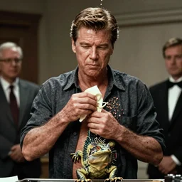 Still of Ronald Regan removing his human skin, revealing his lizard body, in the style of Eyes Wide Shut (1999)
