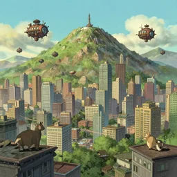A mountain surrounded by a metropolis by Craig Mullins, the city buildings are in a studio ghibli aesthetic, illustrative art of small steampunk airships flying around the city by Mattias Adolfsson, In the foreground are animal people on rooftops by Mattias Adolfsson