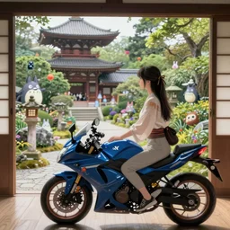 eizin suzuki style digital painting of a beautiful girl in japan, looking out a window at a temple garden filled with yokai and spirits, uhd, high detail,