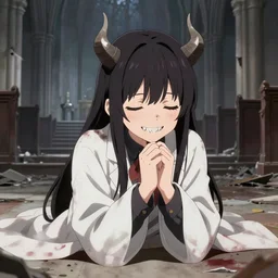 cute japanese girl with small horns, sharp and pointy vampire teeth, dressed in an old white coat covored in faint blood stains, praying on the floor of a destroyed church, with her eyes and mouth closed and a smile, detailed artwork by Yoji Shinkawa