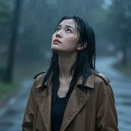 woman standing in the rain looking up, digital art, detailed