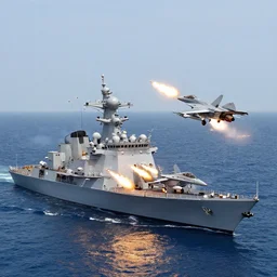 A highly detailed wide angle photograph of a fighter jet firing missiles at a warship