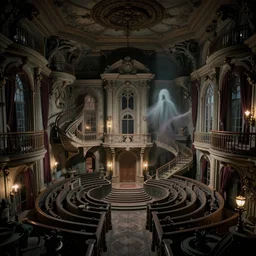full - color 1 9 7 0 s photo of the interior of a spooky elegant mansion at night. the interior architecture and layout are illogical, surreal, bizarre, complicated, and labyrinthine. there is a faintly - visible victorian ghost lurking. highly - detailed high - resolution photography.