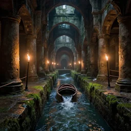 inside the ancient flooded sewers in the old part of the city. fantasy art, layers of architecture, adventure, wet, standing water, channel, canal, boat, lamp, running water, stream, channel, musty, moss, sewage, dark, underground, abandoned spaces, torch - lit. photograph by piranesi and thomas cole. colorized.