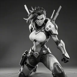 angry female overwatch character, dramatic lighting hyper detail, black and white, wide angle lens