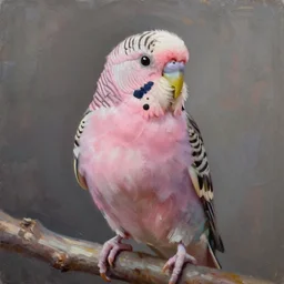 an oil painting of a pale pink budgie with black spots, full hd, ue5, ue4, unreal engine 5, artstation