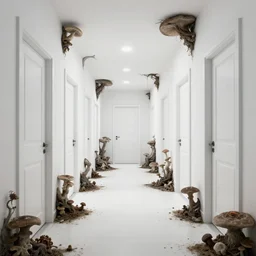 a bright white hallway with many doors and stairs full of fungus and mushrooms and rot, Mc Escher architecture, decay, by Junji Ito