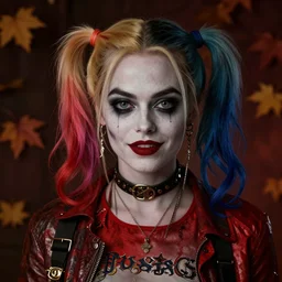 dark goth gothic autumn portrait of emma stone as harley quinn, pretty face, hyper detailed, digital art, cinematic lighting, studio quality, smooth render, unreal engine 5, octane rendered, art style by klimt and nixeu and ian sprigger and krenz cushart.