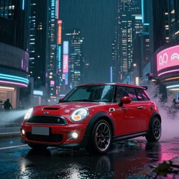Futuristic Asian city at night with rain, Cyberpunk style, Red Mini Cooper S, Neon lights, Matte paiting, cinematic lighting, corona render, smoke, light rays, 8k