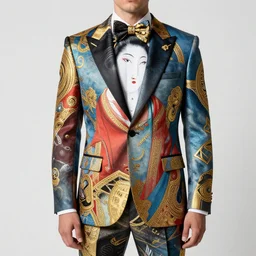 a man wearing a suit made by versace painted in ultra realistic futuristic ukiyo e style