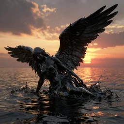 octane, blender, zbrush render, render uhd, 8 k art photography, filmic lighting, cinematic art shot, hyperrealistic, hyperdetailed, super detailed, uhd, uhd, 8 k, high resolution, a fallen angel, black fluid simulation, painting by ross tran and ivan aivazovsky, black water, sunset