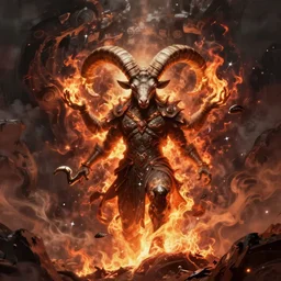 ram horned oracle brings fire down from the sky, NGE dark fantasy, highly detailed, digital painting, volumetric light, 8k detailed