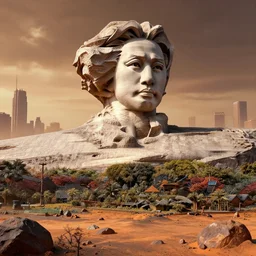 a sculpture of mao zedong's sculpture in cyberfunkcity on mars a made of rocks by lodovico di leonardo buonarroti di simoni, highly detailed, hyperrealism, digital art, artstation, concept art, detailed and intricate environment, wide angle