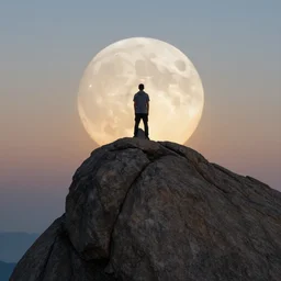 a man standing on a mountain, with the moon behind him, and the sun behind him, 3 m high, sitting on top of a huge rock.