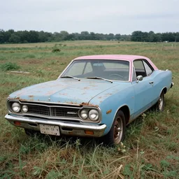 A photograph of a very rusty, very worn out, very broken down, beater 1976 Powder Blue Dodge Aspen in a farm field, photo taken in 1989