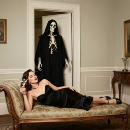 room with a door. elegant 1940s diva sensually laying on a chaise longue having a martini in a hand. human skeleton wearing a hooded cape and black robe enters the room through the door