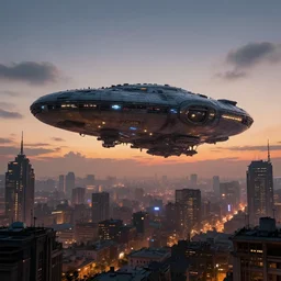 an alien mothership floating above a steampunk city at dusk