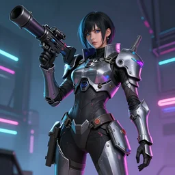 a woman wearing a high - tech armor, sci - fi armor, holding a bazooka, neon lights, cyberpunk, anime, art by final fantasy, final fantasy concept art, final fantasy artwork, greg rutkowski, greg rutkowski art