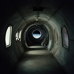 grainy documentary film shot of an underground tunnel with windows showing outer space