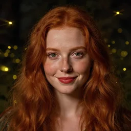 portrait of a young woman, among the lights of golden fireflies and nature, long loose red hair, intricate details, deep green eyes, hint of freckles, round gentle face, cheeky smile with red lips, deep focus, smooth, sharp, golden ratio, hyper realistic art by artemisia lomi gentileschi and caravaggio