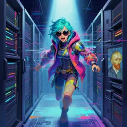 an angelic hacker with turquoise hair in vast cyberspace glitching through a vulnerable server, wearing sunglasses, futuristic clothes, vibrant colors, rule of thirds, spotlight, drips of paint, expressive, passionate, by greg rutkowski, by jeremy mann, by francoise nielly, by van gogh, digital painting