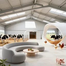 interior view of modern futuristic farm barn architecture, cows on sofas pigs in hammocks chickens in lounge chairs, modern interior design, throw pillows, areas rugs, feed troughs, hay, detailed luminescent oil painting 4 k