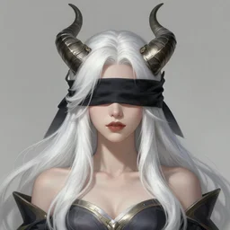 a highly detailed illustration of beautiful long white haired horned girl wearing blindfold, art by artgerm and greg rutowski and ilya kuvshinov, intricate, elegant, highly detailed, centered, digital painting, artstation, concept art, smooth, sharp focus, league of legends concept art, wlop.