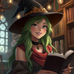 happy nathalie emmanuel as a witch, long green hair, cozy atmosphere, urban fantasy, hat, library, bokeh highly detailed, qichao wang, artgerm, cushart krenz, zeronis, trending on artstation, sharp focus, smooth, crisp, 8 k, octane render, soft light, sharp edges, illustration, character design, concept art