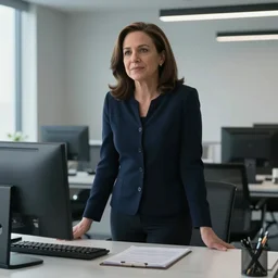 Movie still of Sheryl Sandberg in her modern office in The Doomsday Machine, directed by Steven Spielberg, establishing shot