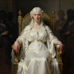 the pale lady sits on her throne. the goddess of death holds court for a featureless crowd. in her hands she holds a can of beer. historical painting, artstation trending