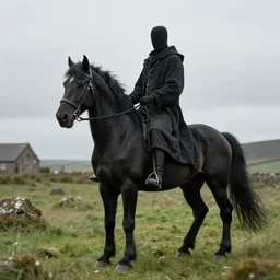irish mythical creature is a headless horseman that is known as a foreteller of death. rising a headless black horse, the dullahan carries his own head under one arm