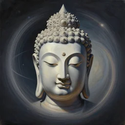 a solar system rotating around a biomechanical buddha head, volumetric lighting, volumetric shadows, symmetrical, intricate details, concept art, realistic oil painting by alex grey,
