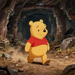 a pooh walking on the road in the deep dark basement, dust, cobwebs, broken columns, 1 9 7 0 s cartoon movie, winnie the pooh