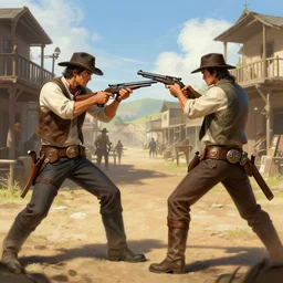 ultra realistic illustration, duel between two gunmen in an old west town, intricate, highly detailed, digital painting, artstation, cgnode, concept art, smooth, sharp focus, cinematic lighting, colorful, art by artgerm and peter mohrbacher and fenghua zhong