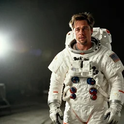 still frame from a movie, medium shot of an anxious young Brad Pitt in an astronaut suit on the right, sci-fi, rule of third, alexa 65, cooke prime 50mm, cinematic, film grain, flare