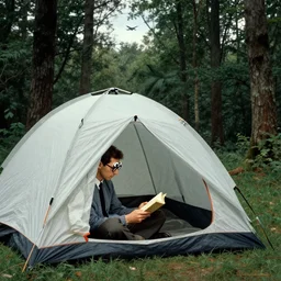 man with eye glasses reading in a tent in the forest. plane in the sky far away. artwork by henri cartier bresson