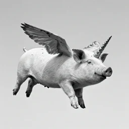 flying pig with unicorn horn, derek hess style, black and white, 35mm, 8k