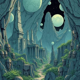 abstract alien lanscape with epic stone temples and lush jungle, by moebius and geof darrow, intricate lines, cinematic, concept art, 8 k, artstation