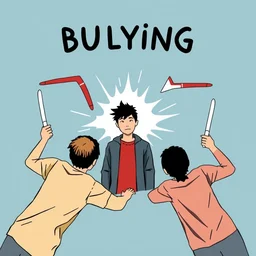 picture about bullying in poster style. in the center is the victim, and around the bullers are swinging up boomerangs