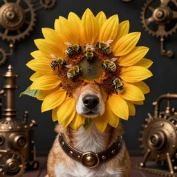 dog wearing a sunflower as a hat covered in bumblebees, photo realistic, dramatic lighting, realistic shadows, steampunk