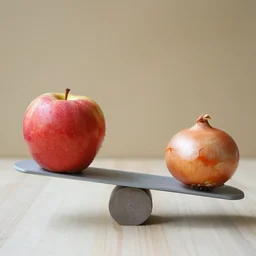 balance with one apple in one side and one onion in the other