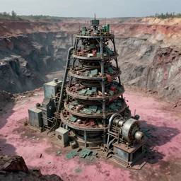 airbrushed destroyed mining pit displaying horrificly large processing machine 1 9 8 1 tiered, battling itself with pcbs on aged mold coated puce stained carpet by kelly freas, alex ross, basil gogol fine art masterpiece baked at 3 0 0 f, matte painting, cold lighting, aged with sunlight, award winning horror, photorealistic render, cinematic
