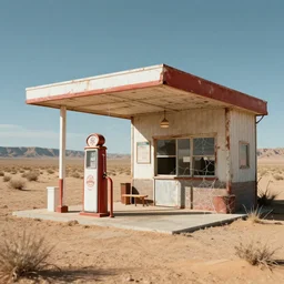 an old, tiny abandoned gas station in the middle of the desert, cobweb, old, artstation, digital art.